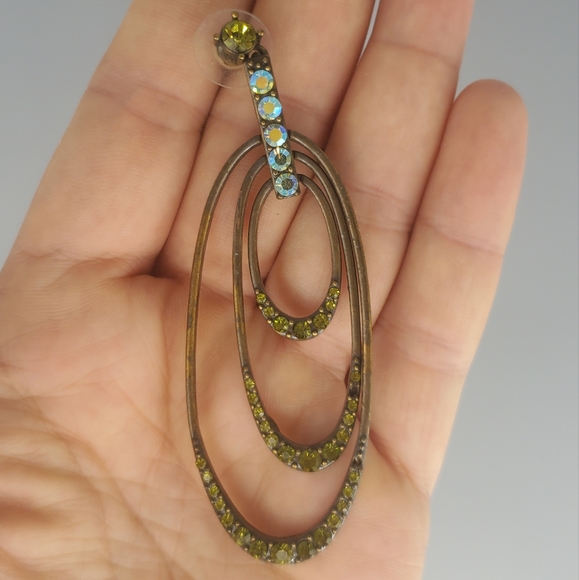 Brass Green Oval Dangle Earrings - Picture 6 of 6